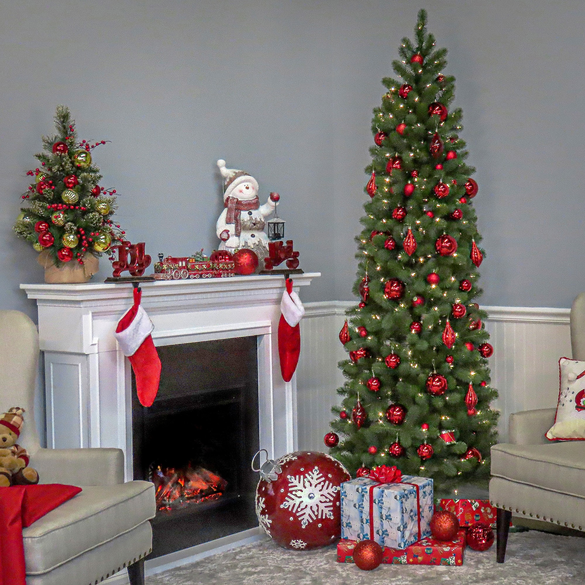 7.5 ft. Pre-lit Feel Real® Hinged Downswept Douglas Fir Slim Artificial Christmas Tree, Dual LED Lights